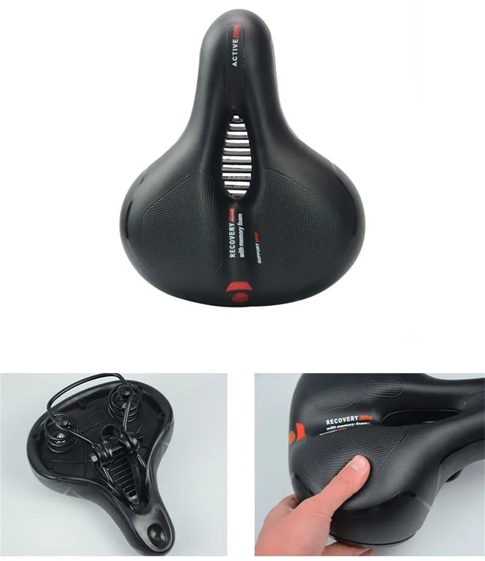 Bicycle cushion with soft padding and PU leather cover, includes waterproof cover and maintenance tools