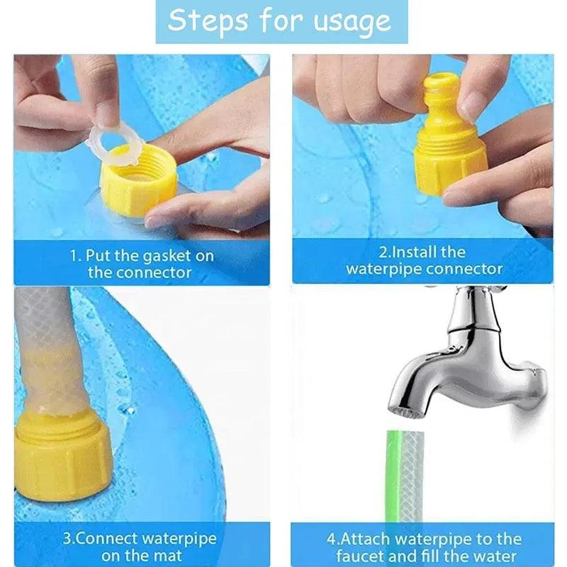 Anti-slip textured dog splash pad sprinkler mat for outdoor water play, shown in a garden.