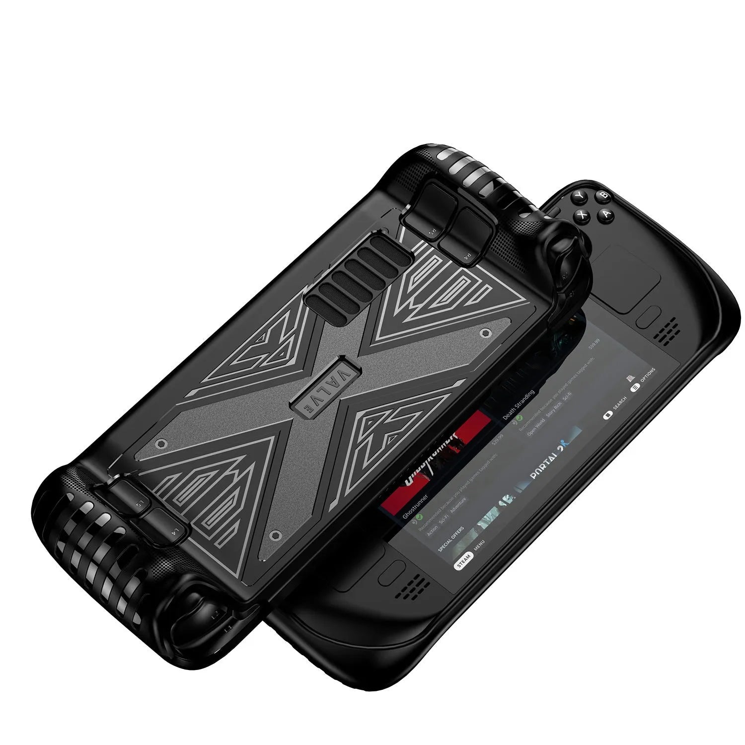 Red, blue, and black TPU soft shell protective cases for the Steam Deck handheld console.