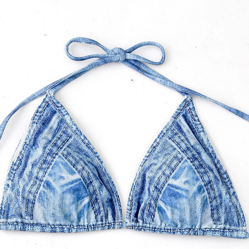 Women's denim two-piece bikini swimsuit in rose red polyester with sexy pattern, sizes S to XL
