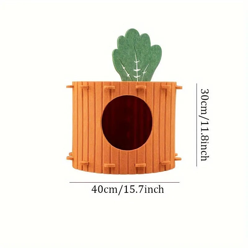Carrot-shaped felt cat tunnel and semi-enclosed nest for indoor cats, shown in a colour assortment.