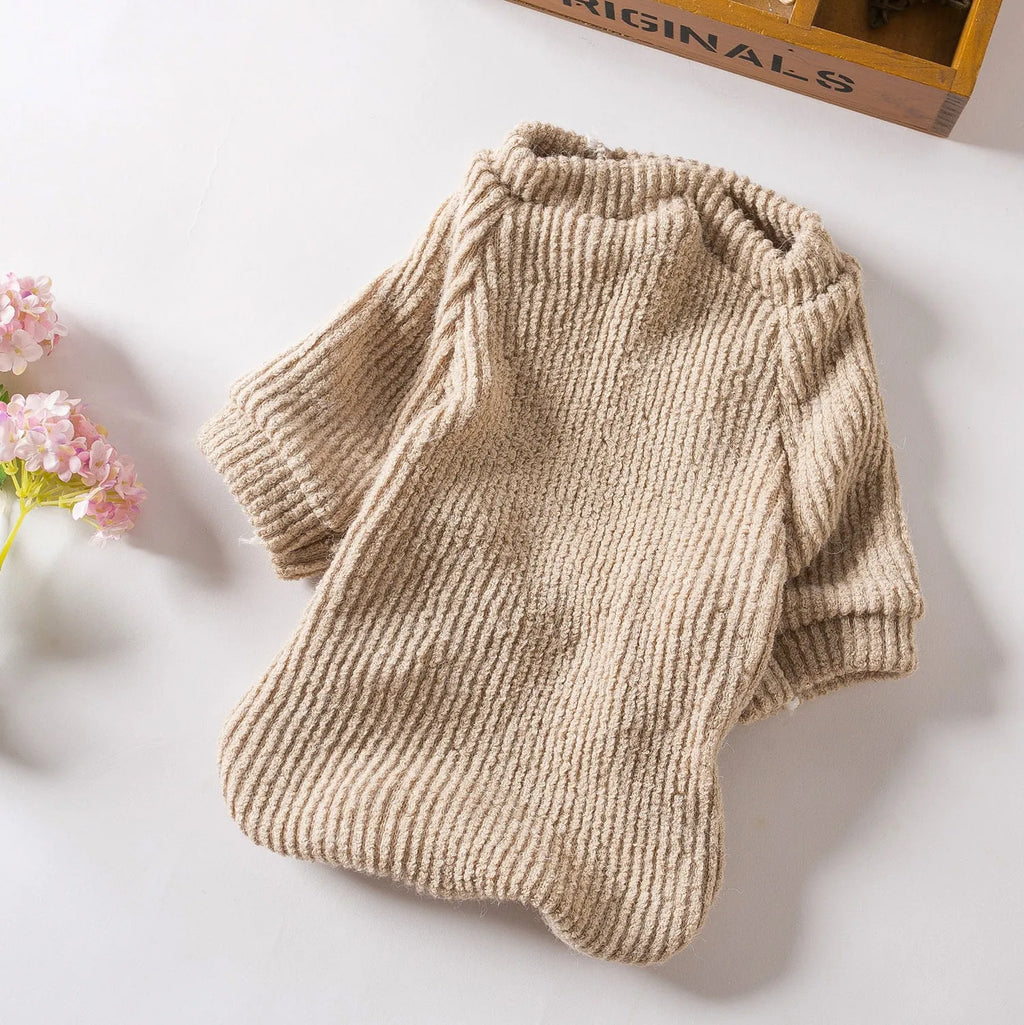 Brown cloth dog sweater pullover on a small dog, showing casual fit.