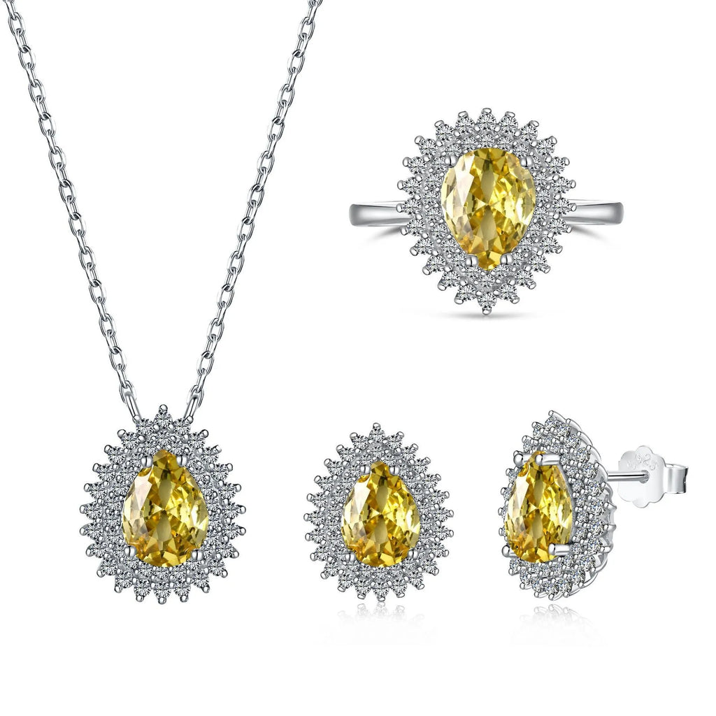 Sterling silver water droplet jewellery set necklace ring earrings golden white