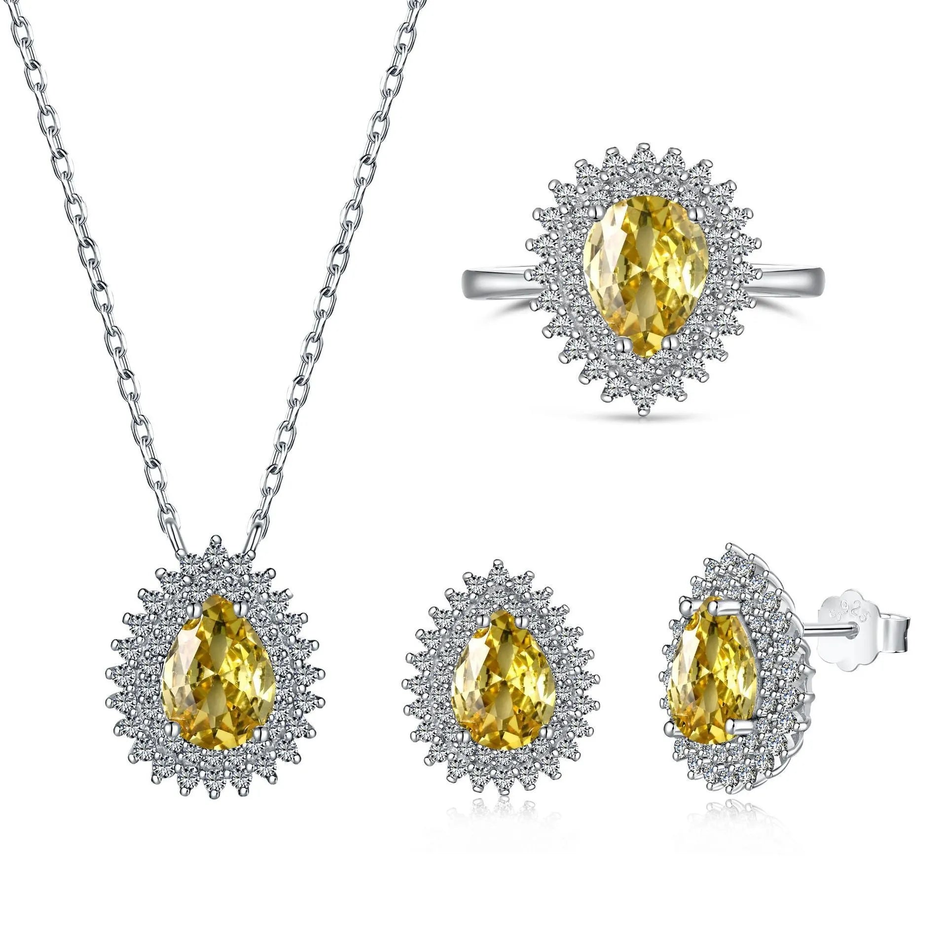 Sterling silver water droplet jewellery set necklace ring earrings golden white