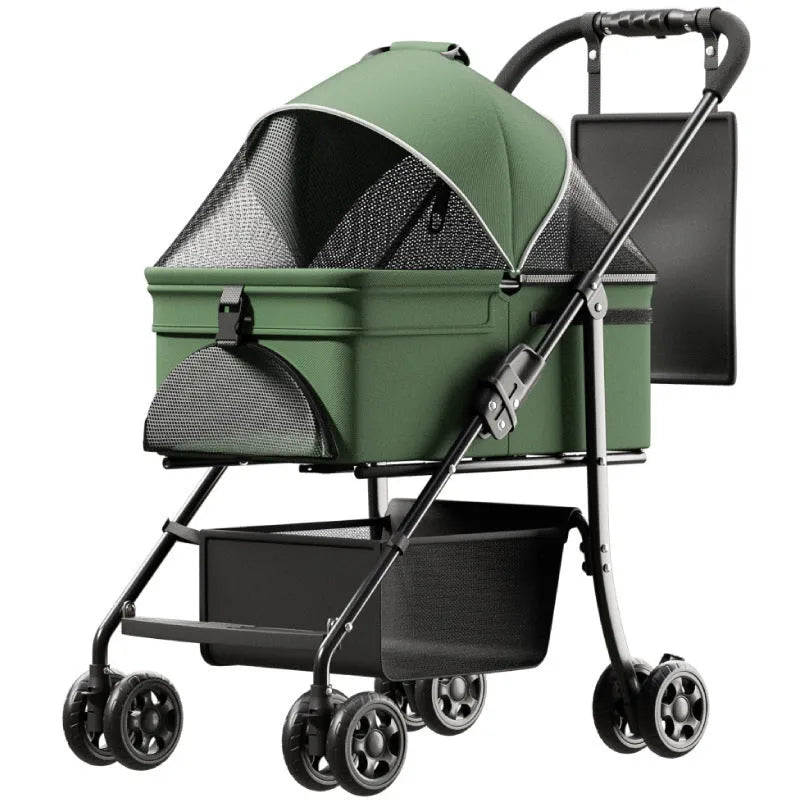Black Warrior style one-click folding metal pet cart shown in use and folded compactly.