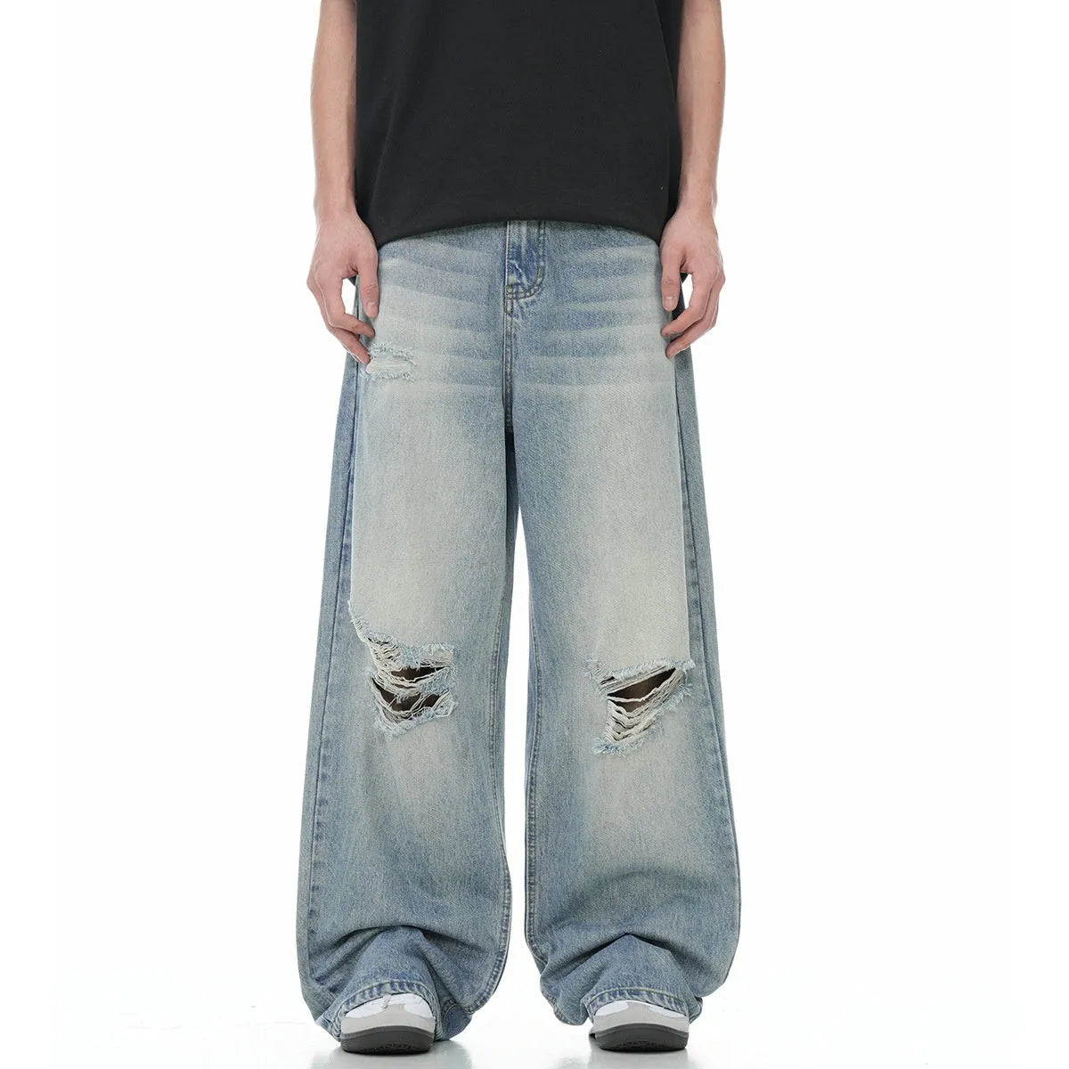 Blue men's straight-leg ripped jeans with a cotton blend fabric and zipper fly.