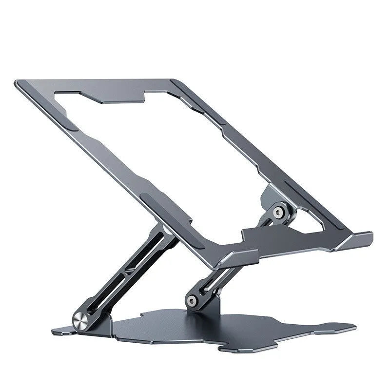 Grey aluminum folding laptop stand shown at an adjustable angle holding a silver laptop.