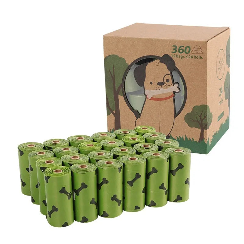 Military green degradable dog poop bags with black bone pattern measuring 23x33cm
