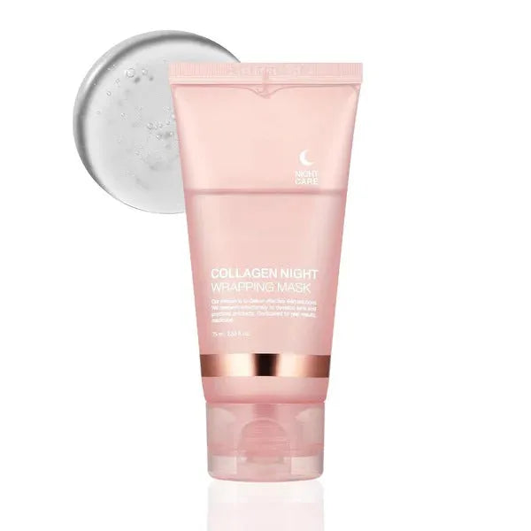 75ml bottle of collagen night face mask with an application brush on a white background.
