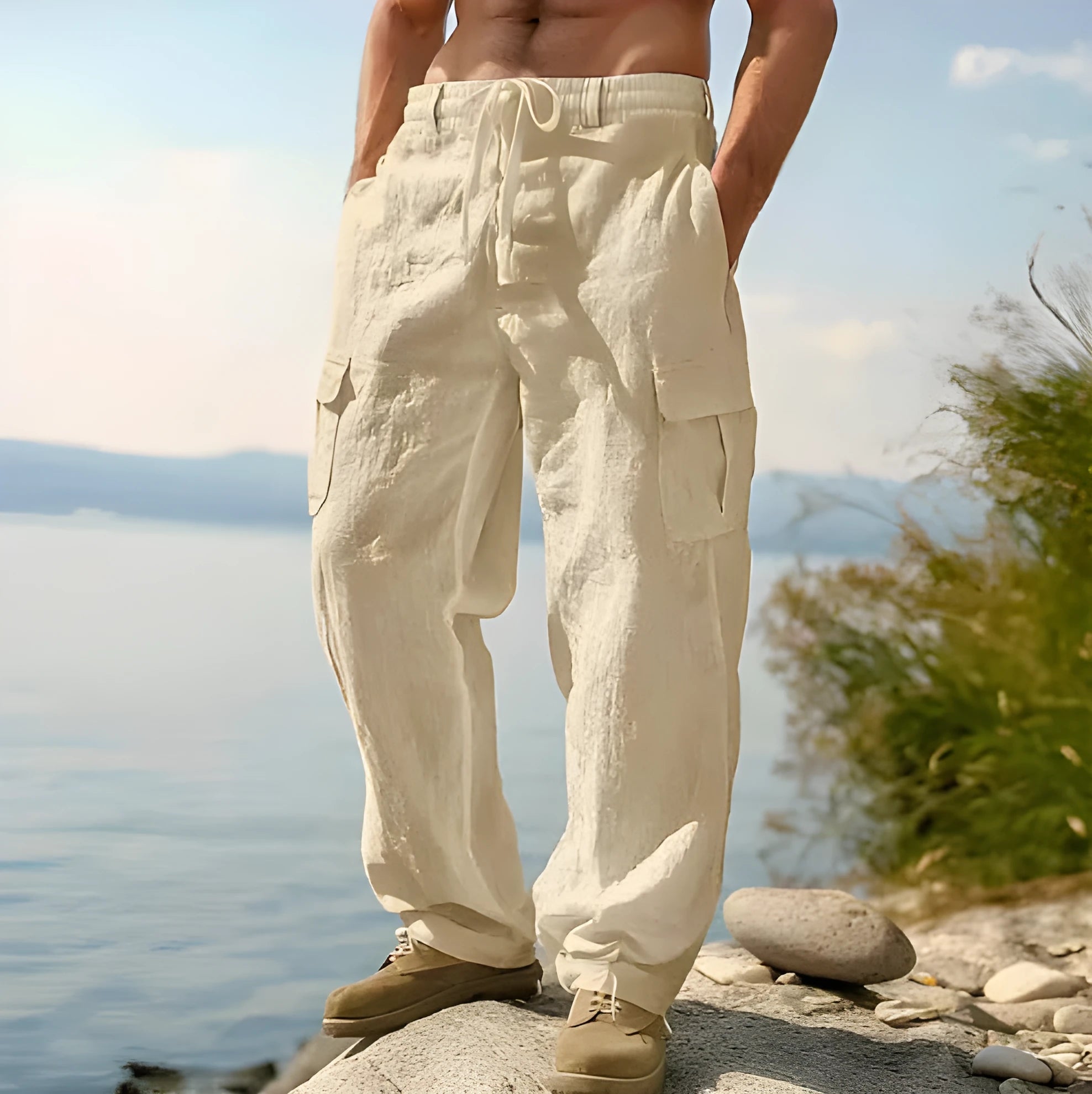 Men's cotton wide-leg casual trousers in light army green colour with mid-waist design
