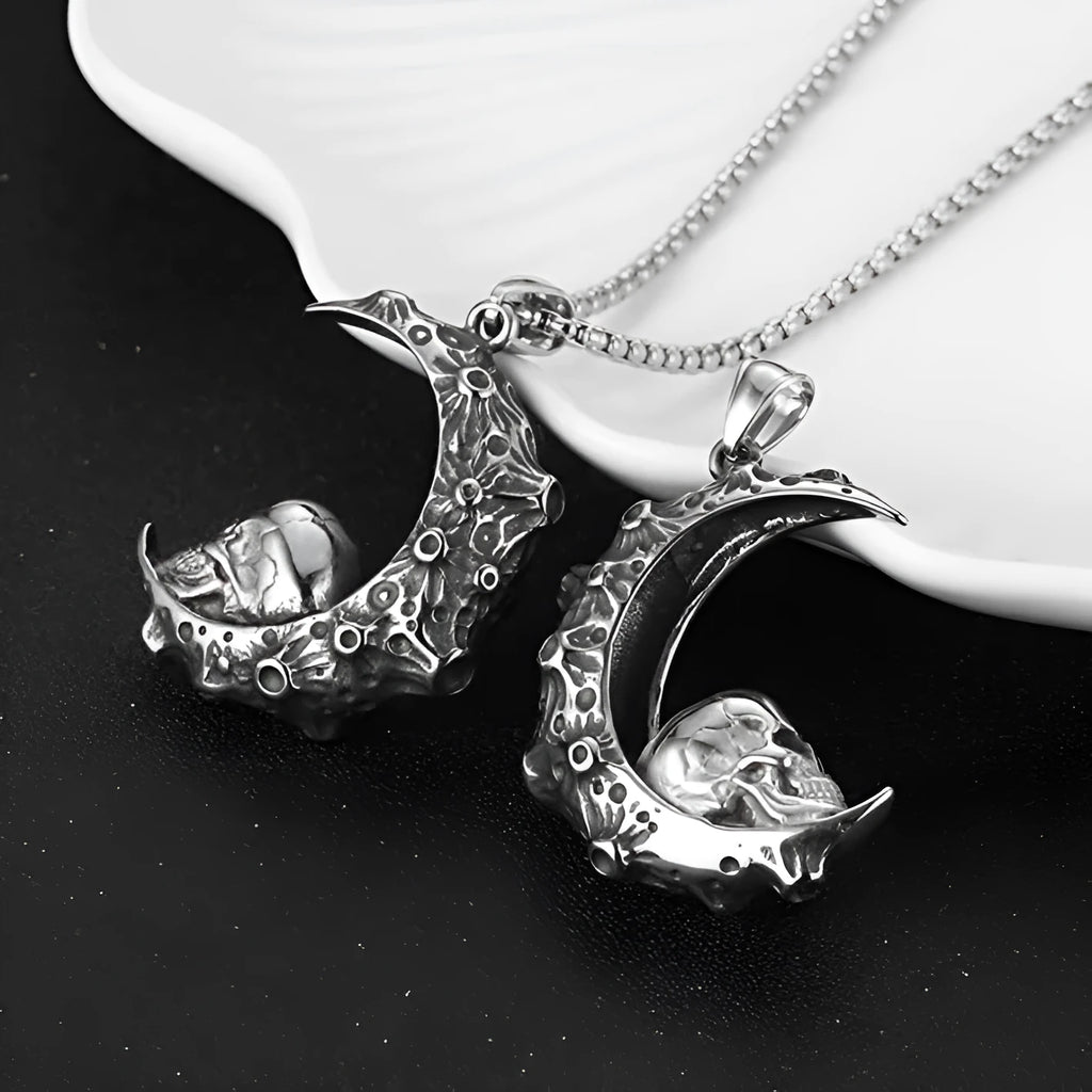 Men's stainless steel skull necklace with electroplated silver finish showing six pendant design options