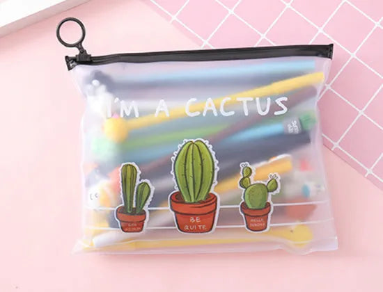 Set of 20 black 0.5mm ballpoint pens with cartoon cactus designs in plastic storage case measuring 21cm by 17cm