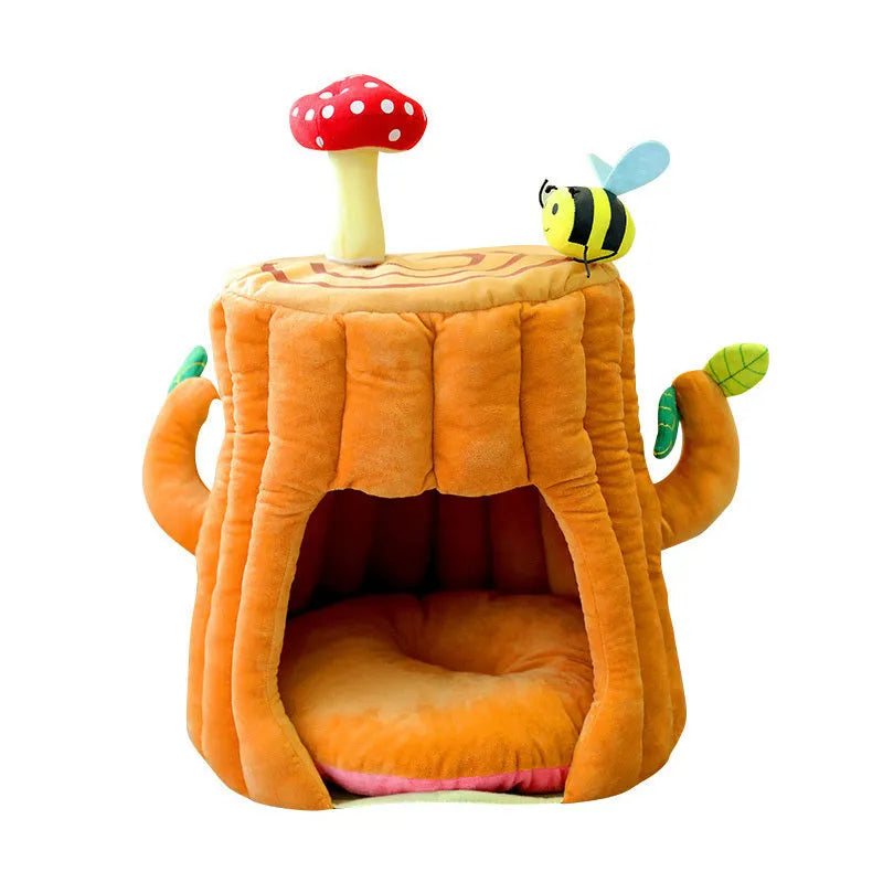 PP cotton lined semi-enclosed tree stump cat sleeping bag 40cm high 38cm diameter for small pets