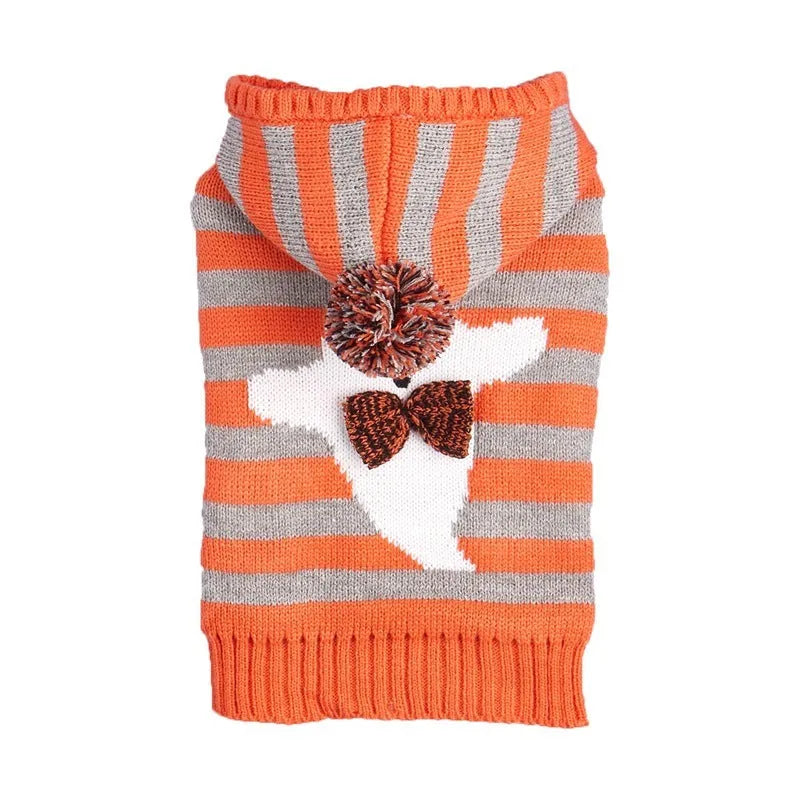 Orange striped Halloween hooded sweater for pets with fur balls on a hanger