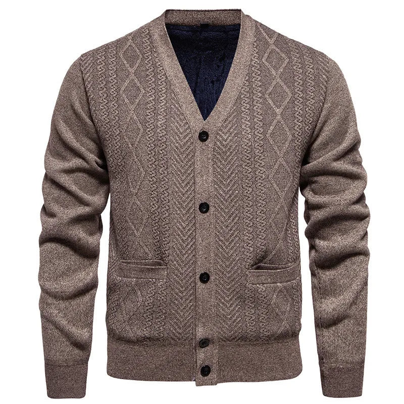 Men's striped cardigan sweater with long sleeves and wool lining shown in brown colour