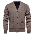 Men's striped cardigan sweater with long sleeves and wool lining shown in brown colour