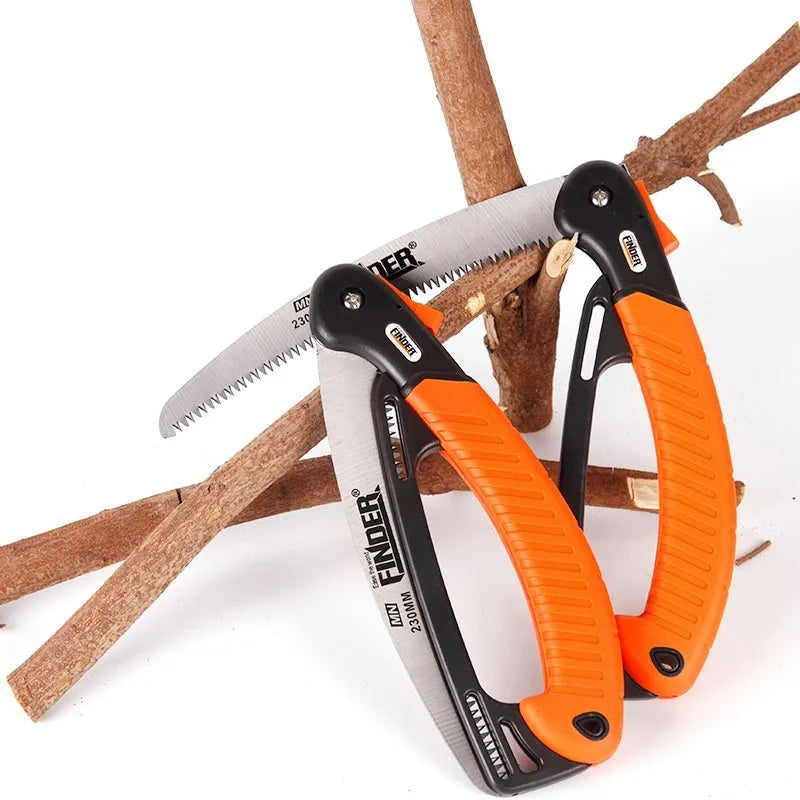 A folding garden hand saw with a black TPR grip and a silver 230mm steel blade, shown both open and closed.