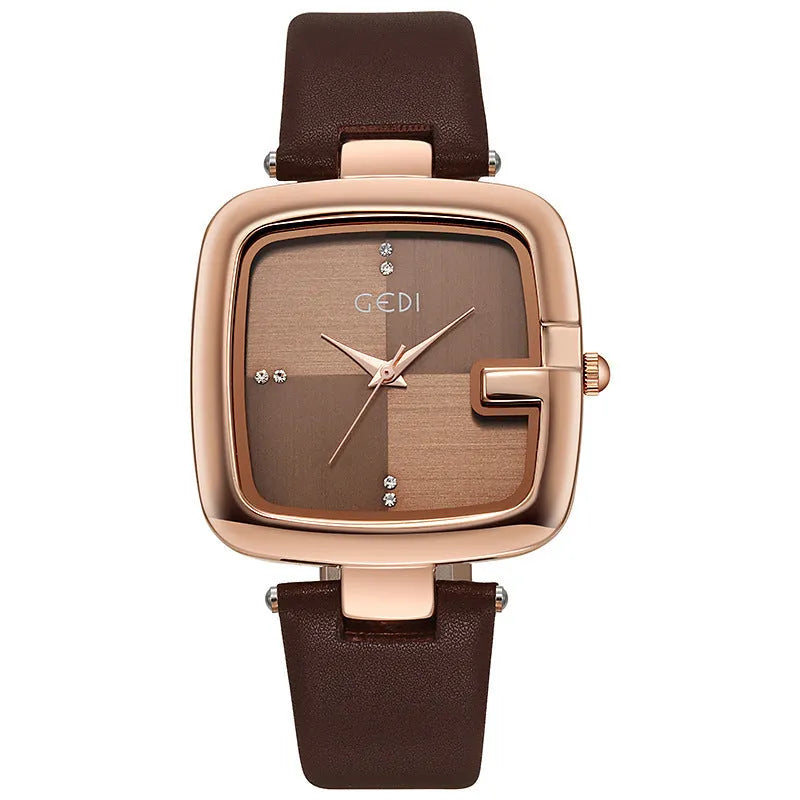 Women's leather quartz watch with 36mm hardened glass dial on a 230mm leather strap in black
