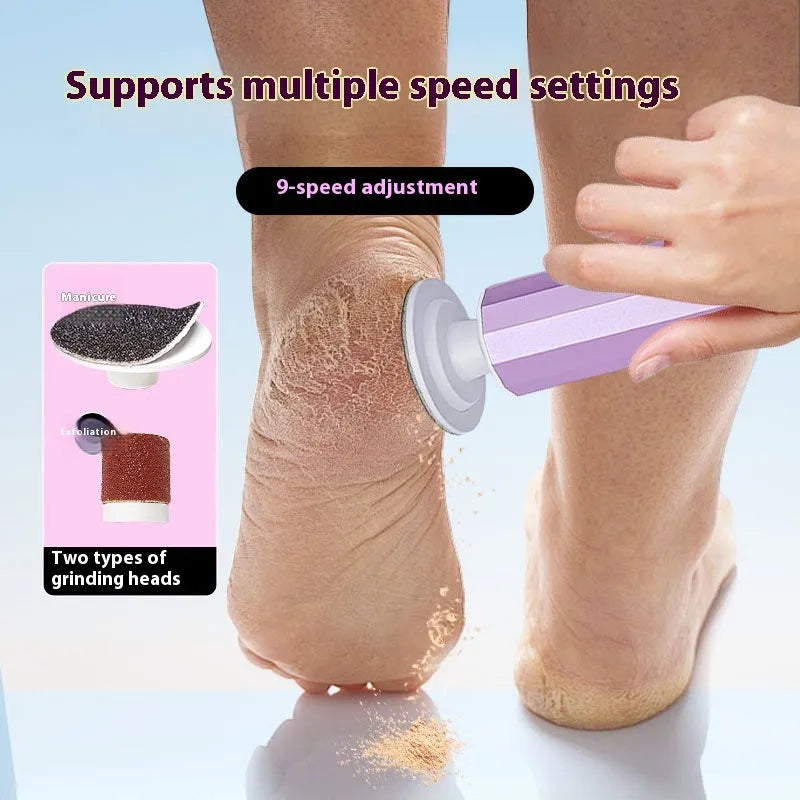 Electric foot callus remover with sandpaper discs in black, pink or purple colour with USB charging cable