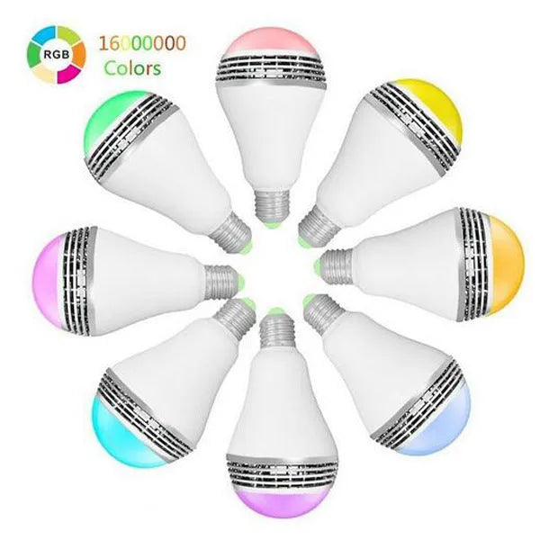 E27 LED smart bulb with Bluetooth speaker showing RGB+W colour changing light capabilities