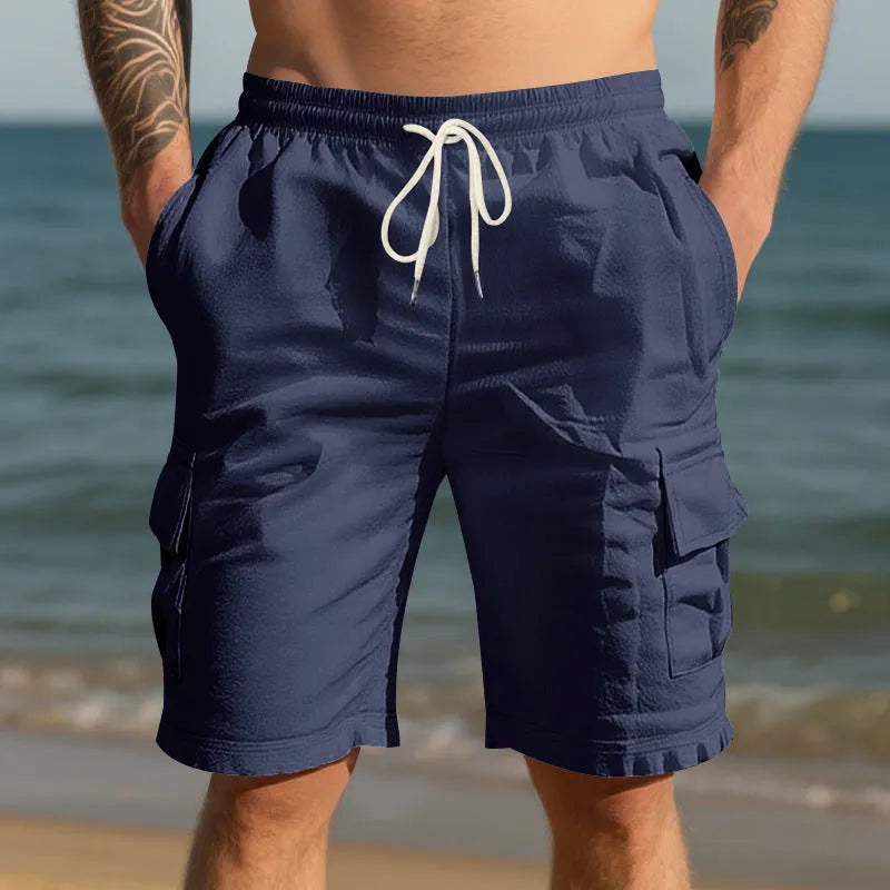 Men's air-permeable cotton and linen blend loose multi-pocket casual shorts in light blue