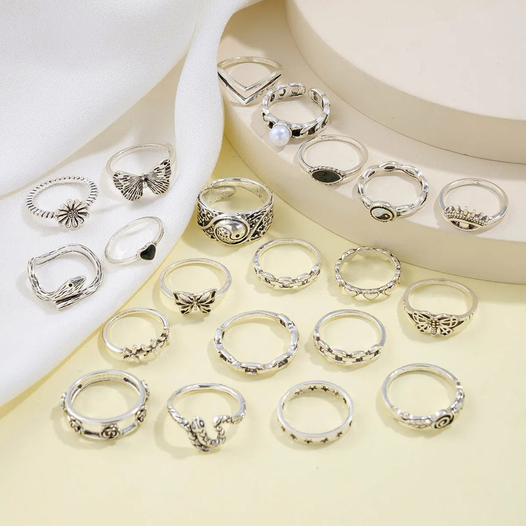 Alloy women's ring set butterfly love motifs silver tone floral geometric shape