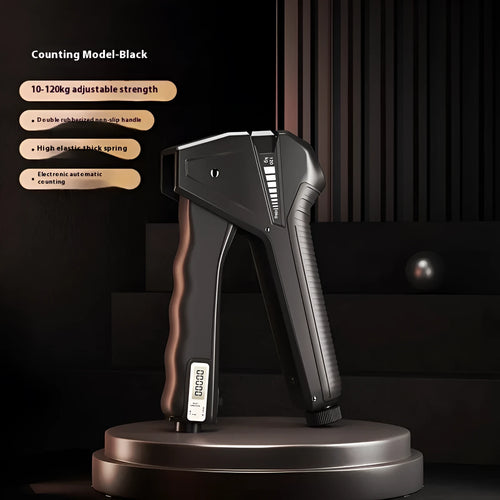 Adjustable hand gripper exercise equipment with mechanical force counter display showing resistance level