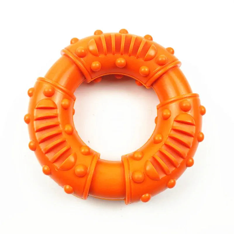 Lightweight hollow dog fetching stick toy in blue, orange, or red, showing bendy plastic construction for safe chewing and fetch games.