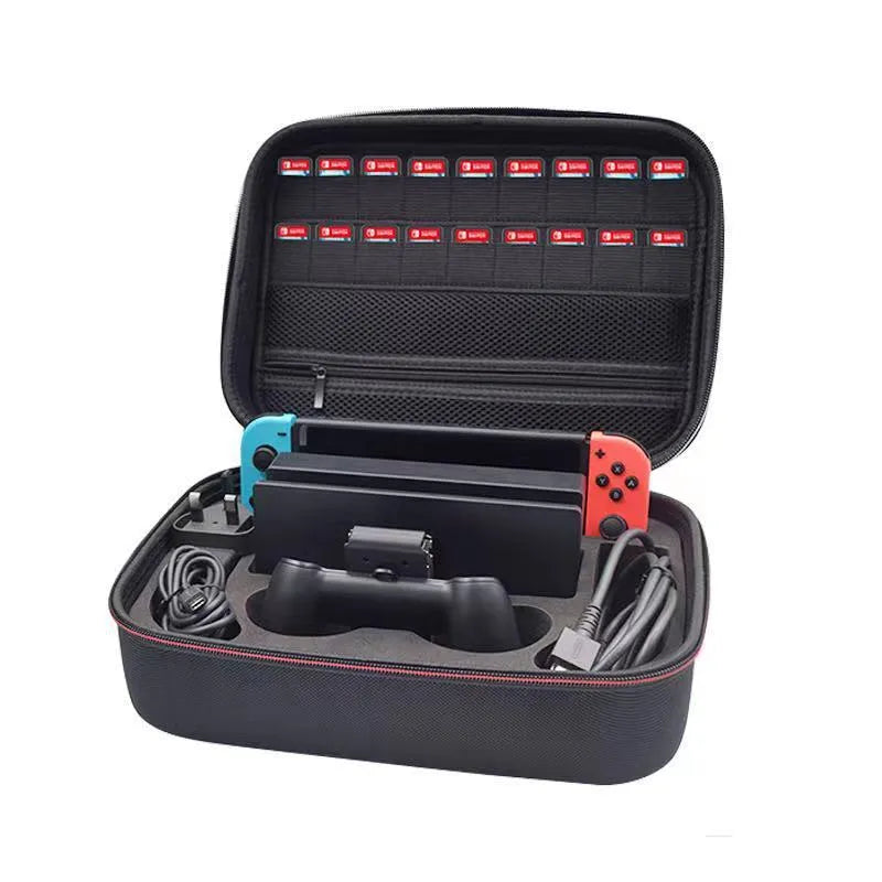 Black EVA game console accessory storage bag showing two size options for organising controllers and cables