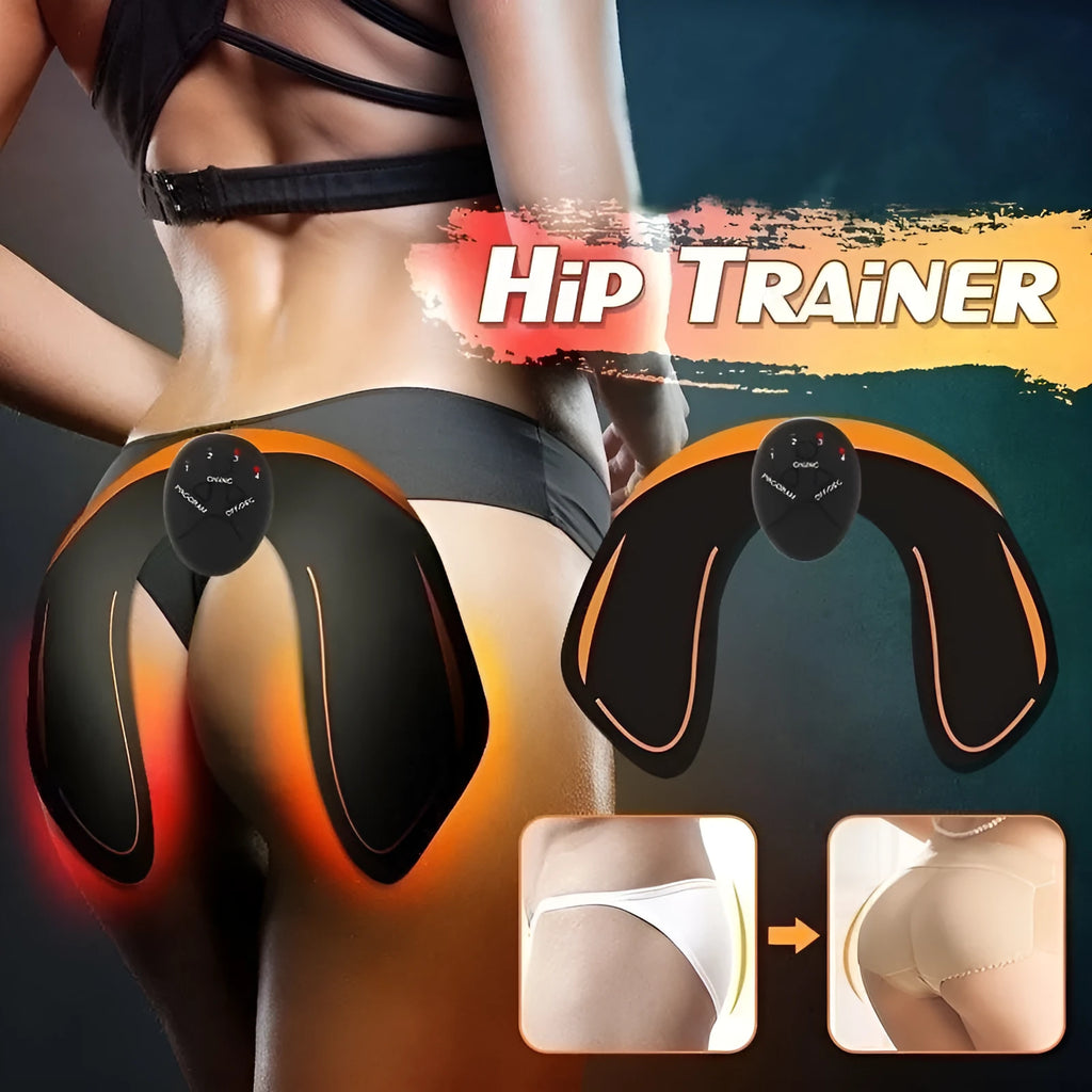 EMS hip muscle training stimulator with remote control and two gel pads in orange