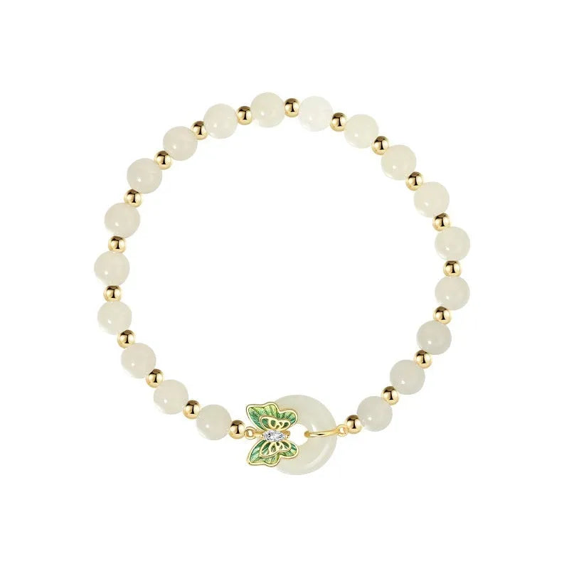 Hetian jade bracelet butterfly design cyan sterling silver inlay 6mm women's light luxury