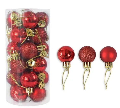 Assorted 3cm shiny gold, red, and silver Christmas ball ornaments spilling from a tall storage barrel.