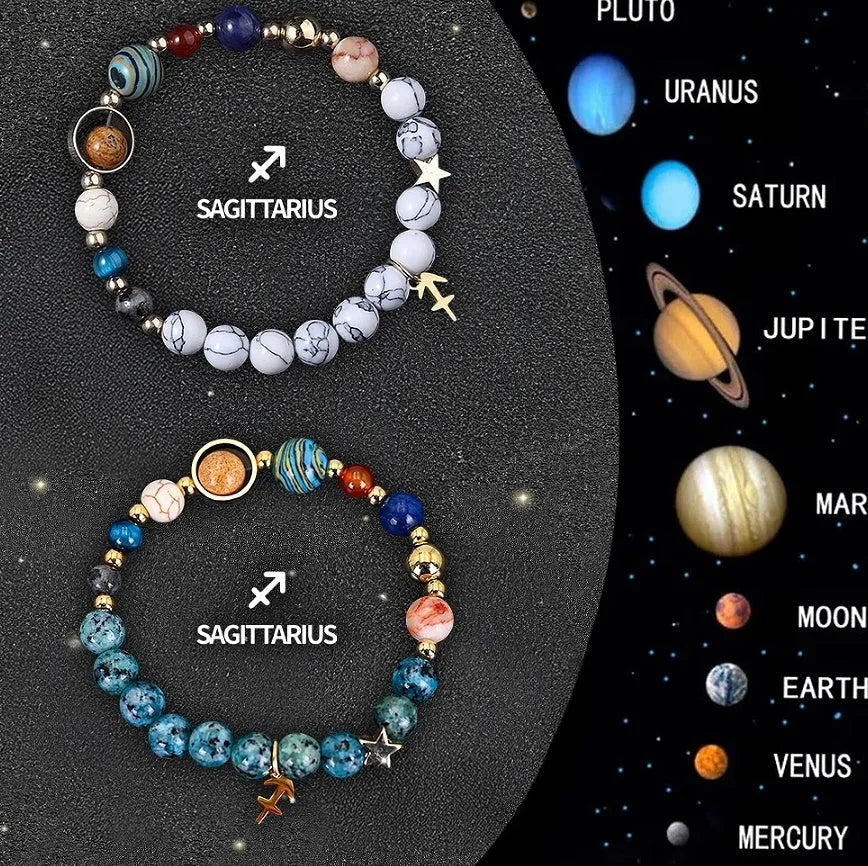 Set of twelve natural stone bead zodiac bracelets showing different star sign designs with adjustable strings
