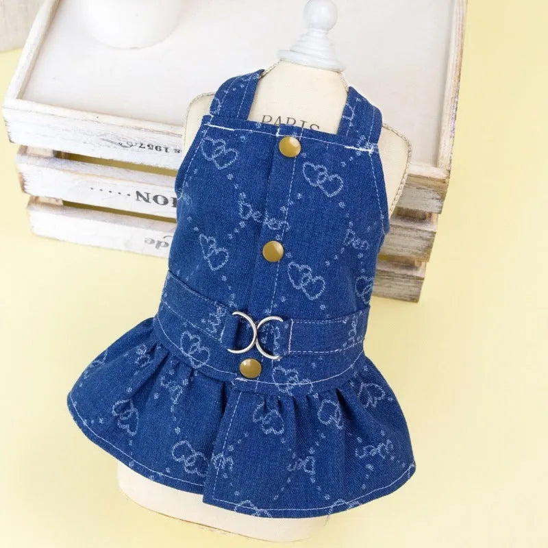 Denim princess dress for small dogs with bracket skirt styling in blue
