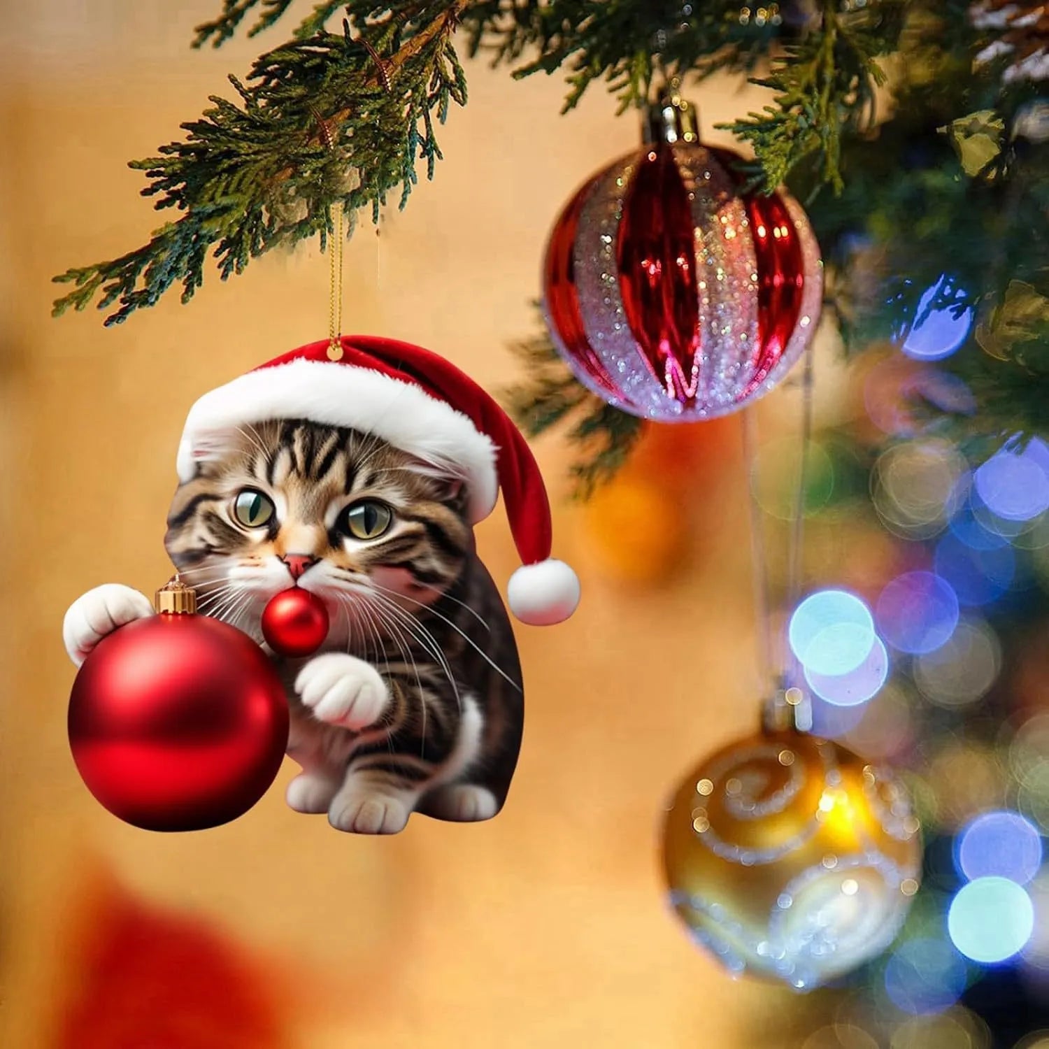Cartoon cat Christmas car hanging ornament in acrylic with hanging cord