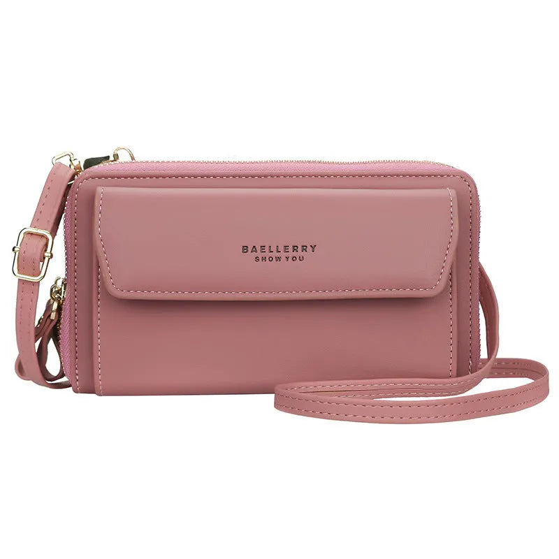 Ladies long wallet messenger bag in soft PU leather with double zipper and cross-body strap