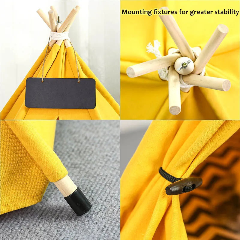 White and yellow striped flax linen pet teepee tent with cushion for small dogs or cats.