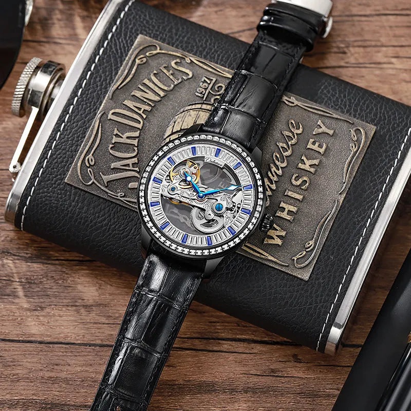 Luxury zircon mechanical men's watch with waterproof case and choice of straps