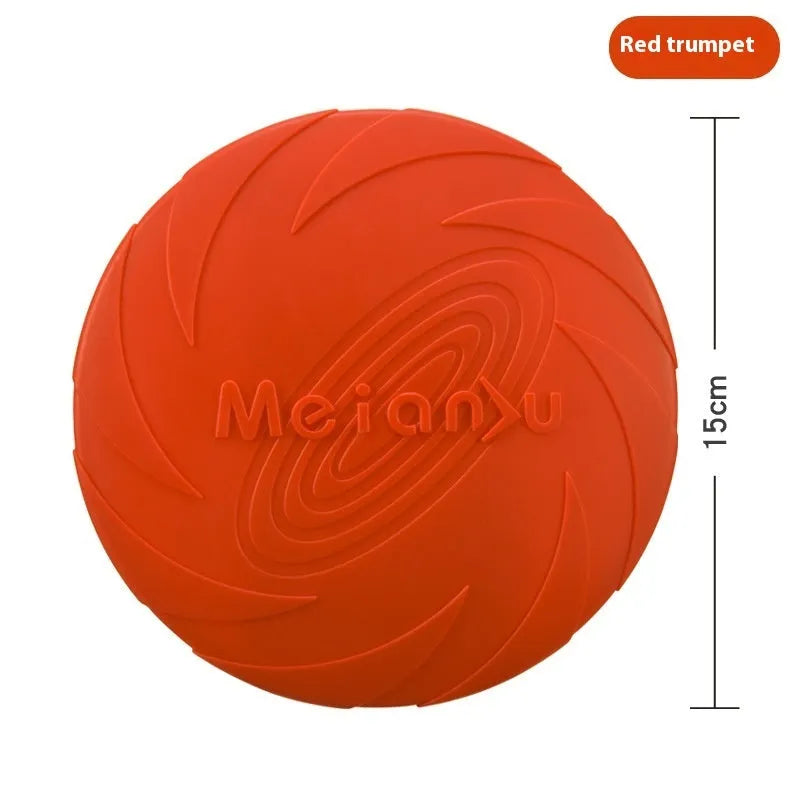 Soft rubber dog frisbee flying disc toy in red, blue, and green colours showing small, medium, and large sizes