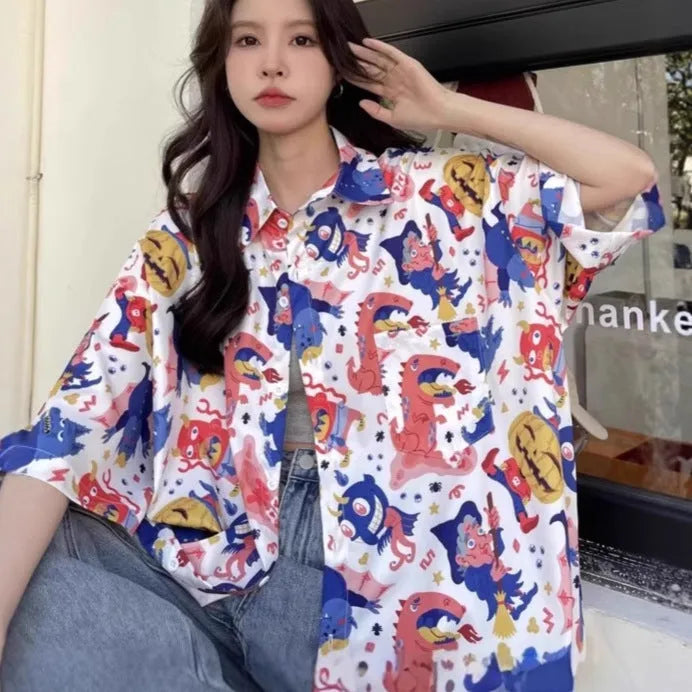 Women's summer retro full printed short-sleeved shirt in loose fit polyester, available in multiple sizes