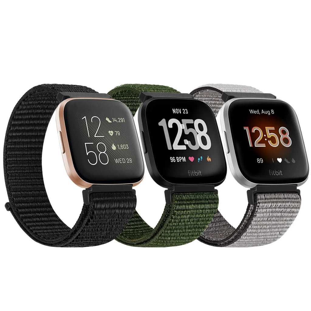 Nylon loop watch band for Fitbit Versa 2 and Sense 2 with velcro closure in army green colour