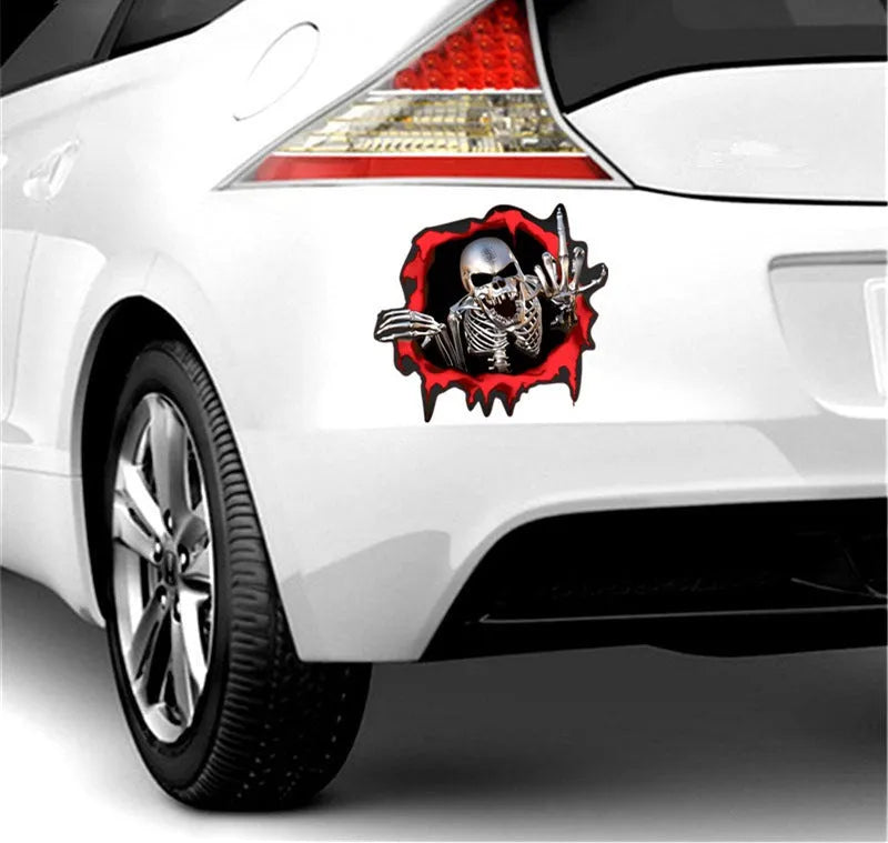 Reflective metal skull car sticker with colourful broken shell design measuring 15x14cm