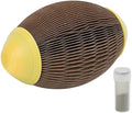 Ellipse-shaped corrugated paper catnip ball and scratch toy for cats on a plain background.