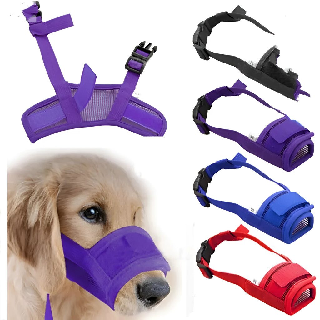 Adjustable plastic dog safety muzzle in black, shown on a size chart.