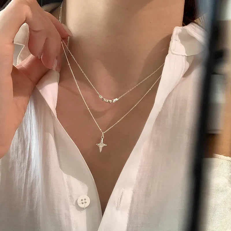 Double layer stainless steel opal cross necklace for women, rustproof, colour XL3329, on display