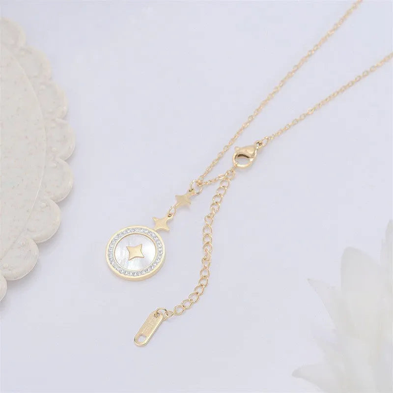 Women's titanium steel necklace with six-pointed star diamond pendant on 42cm O-ring chain