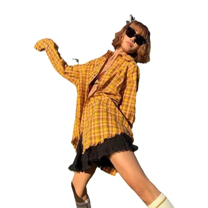 Dopamine yellow plaid shirt with loose cardigan style on hanger