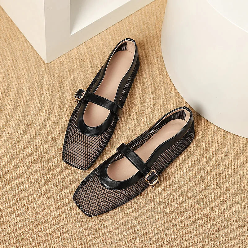 Women's beige mesh low heel pump with a buckle strap and square toe on a neutral background.