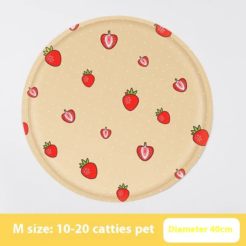 Round pet cooling mat with blue polar bear cartoon design on soft cloth fabric for dogs.