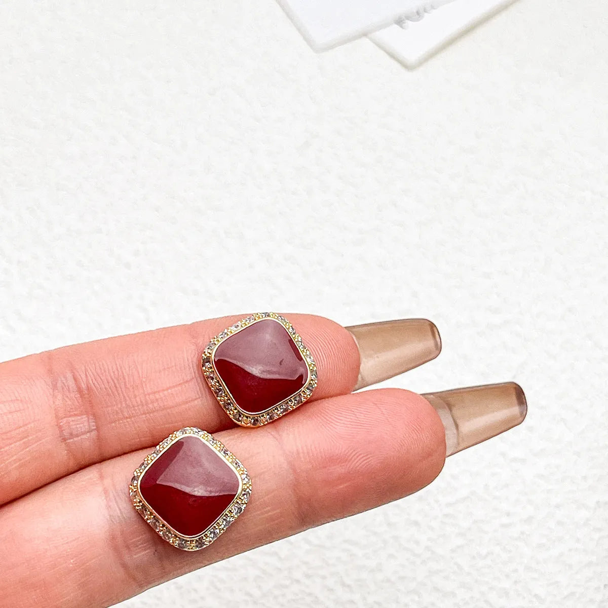 Geometric square earrings with retro red finish and inlaid pattern